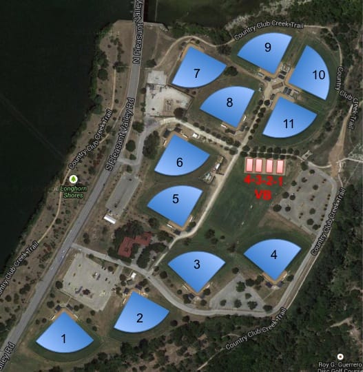 Aerial map of Krieg Softball Complex showing fields 1 through 11, with South Pleasant Valley Road along the west side