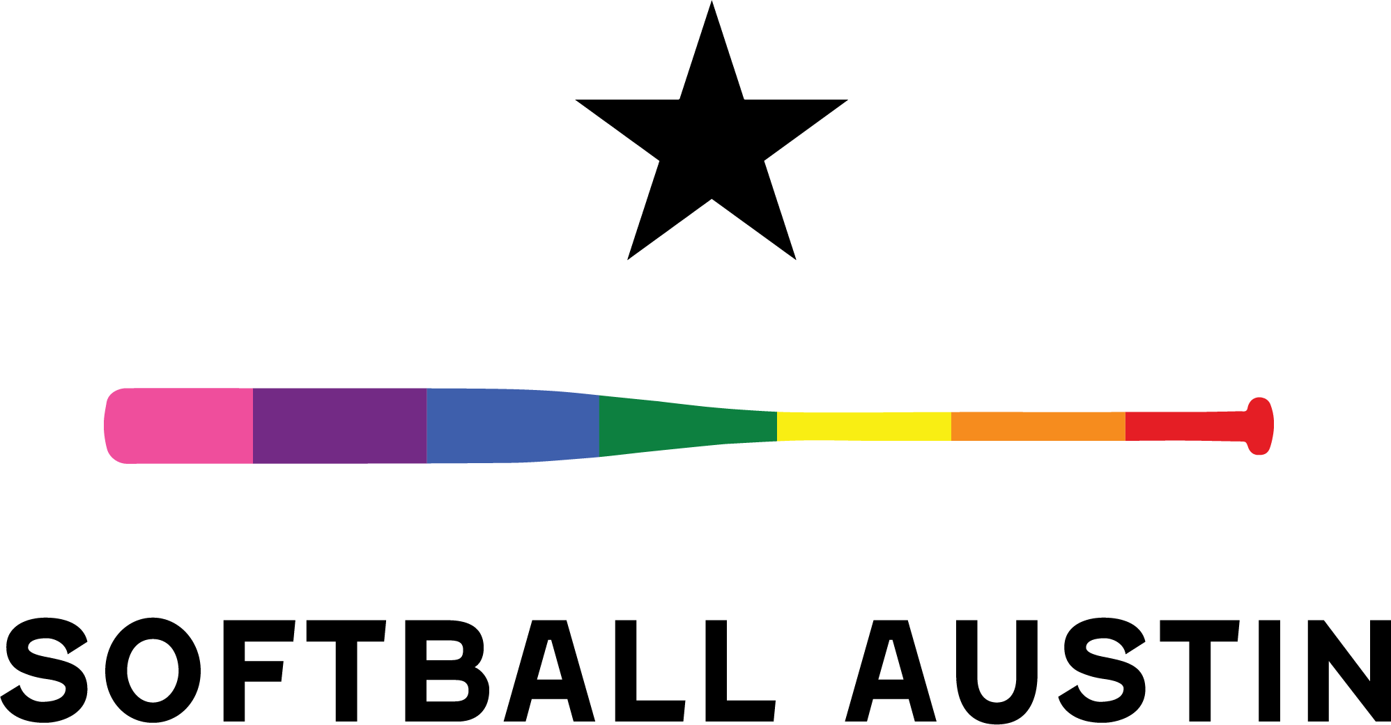 Softball Austin logo, black text with rainbow bat